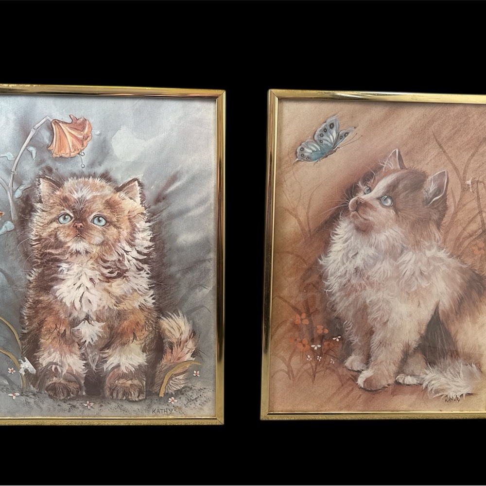 Charming vintage Cat Art Prints with Gold Frames